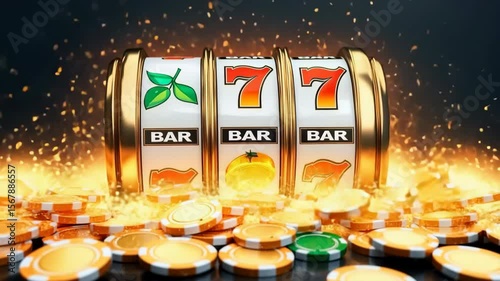 Slot machine jackpot with gold coins and poker chips flying excitement and winning sevens with