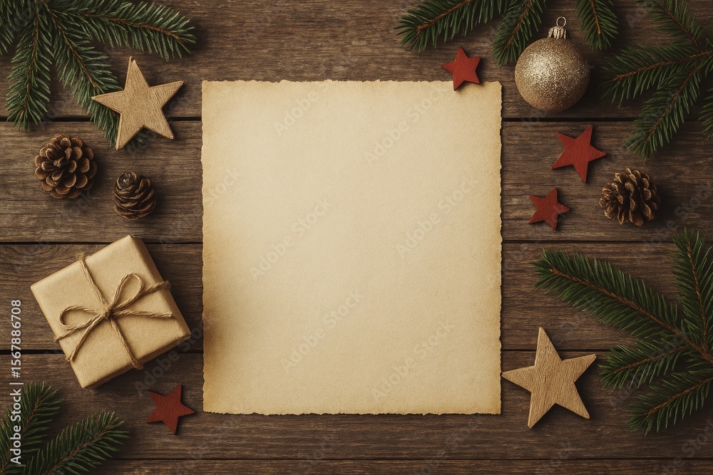 Obraz premium Festive holiday ornaments against rustic wooden backdrop with a seasonal greeting card design, featuring a vintage aesthetic in Scandinavian style.