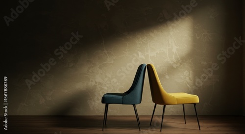 two chairs facing away from each other in a softly lit room, with faint shadows