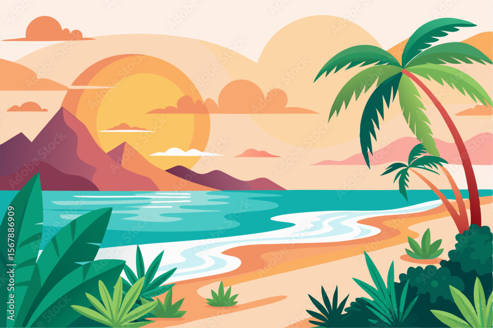 Obraz premium Tropical Beach Sunset with Palm Trees and Ocean Waves