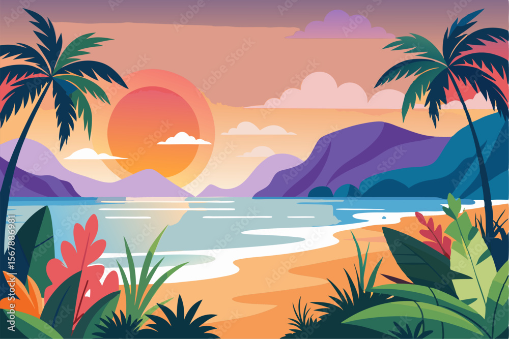Fototapeta premium Tropical Beach Sunset with Palm Trees and Ocean Waves