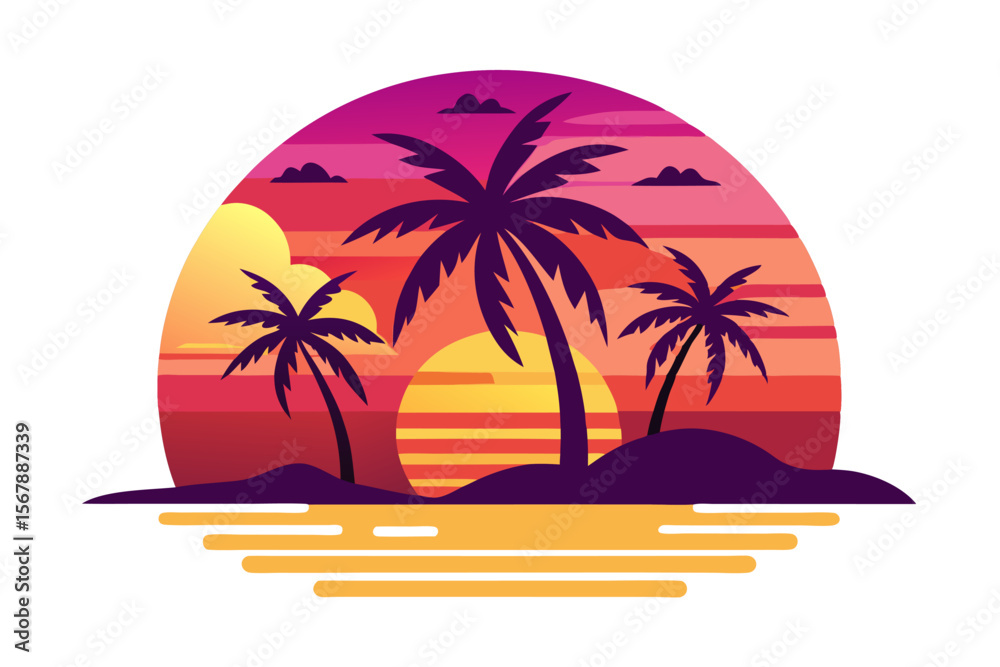 Fototapeta premium Tropical Beach Sunset with Palm Trees and Ocean Waves