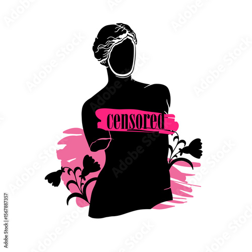 Abstract Greek ancient sculpture Venus de Milo with inscription censored. Vector hand drawn illustrations of modern statues, banner, concept freedom of speech.	