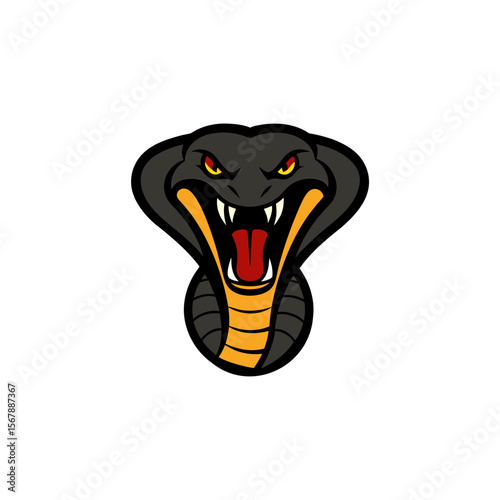 Aggressive Cobra Snake Head Mascot Logo with Open Fangs on White Background