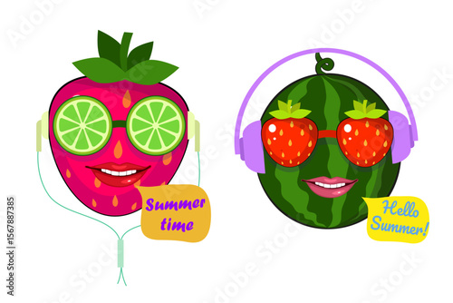 Watermelon and strawberry cute cartoon characters. Cover for juice, drinks and fresh organic food. Summer fruit design