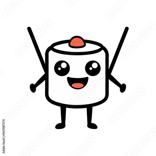 Charming Sushi Roll Mascot Logo Holding Chopsticks on a Clean White Background