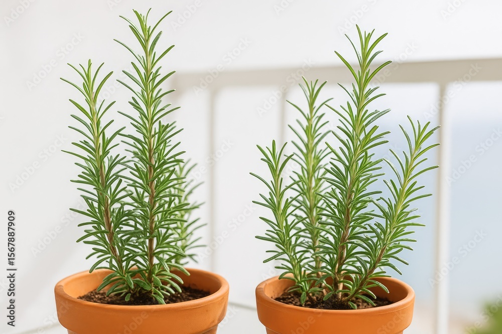Two potted aromatic herbs on a balcony ledge, showcasing perennial mint family plants. Two potted aromatic herbs on a balcony ledge, showcasing perennial mint family plants.