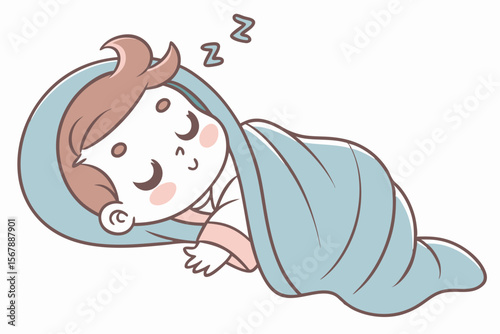 Vector cute Baby Boy cartoon character, with a contented sigh and a peaceful expression, wearing a soft blue blanket and sleeping soundly, in a tranquil, serene style, isolated on white background
