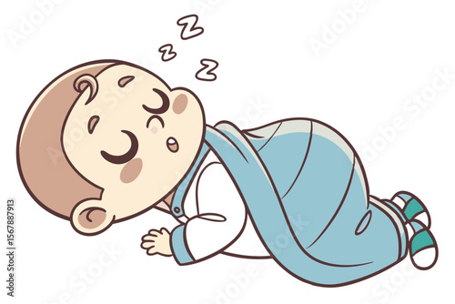 Vector cute Baby Boy cartoon character, with a contented sigh and a peaceful expression, wearing a soft blue blanket and sleeping soundly, in a tranquil, serene style, isolated on white background