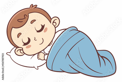 Vector cute Baby Boy cartoon character, with a contented sigh and a peaceful expression, wearing a soft blue blanket and sleeping soundly, in a tranquil, serene style, isolated on white background
