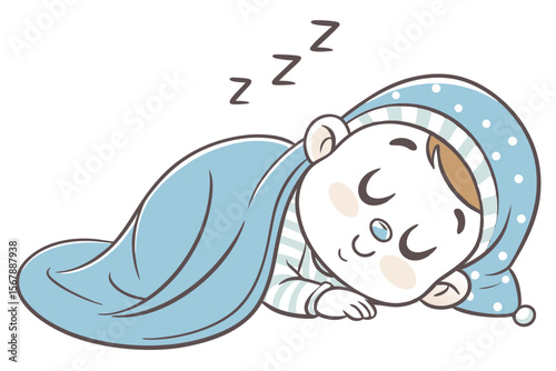 Vector cute Baby Boy cartoon character, with a contented sigh and a peaceful expression, wearing a soft blue blanket and sleeping soundly, in a tranquil, serene style, isolated on white background