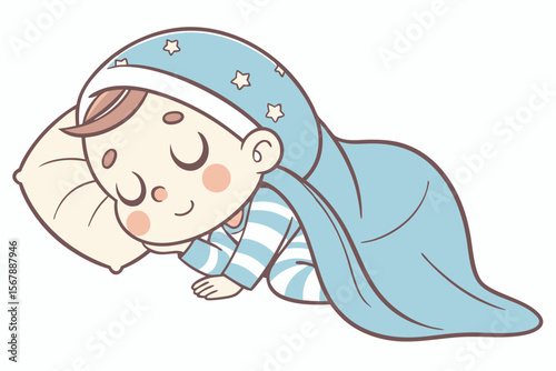 Vector cute Baby Boy cartoon character, with a contented sigh and a peaceful expression, wearing a soft blue blanket and sleeping soundly, in a tranquil, serene style, isolated on white background