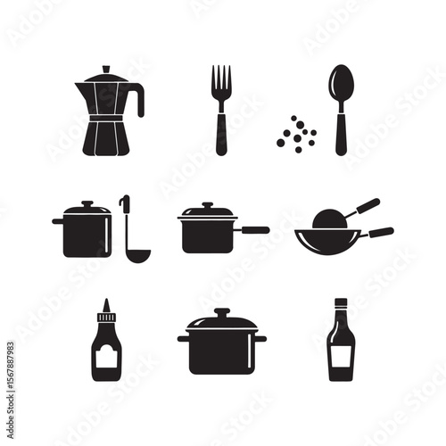Black and White Kitchen Utensil Icons Set including Moka Pot Saucepan Ladle Fork Spoon Wok Spatula Condiment Bottles