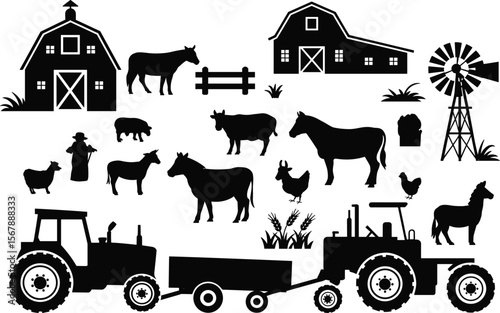 Silhouette illustration of farm animals, tractors, barns, windmill, farmer, rural field crops, country agriculture equipment, livestock farming countryside vector