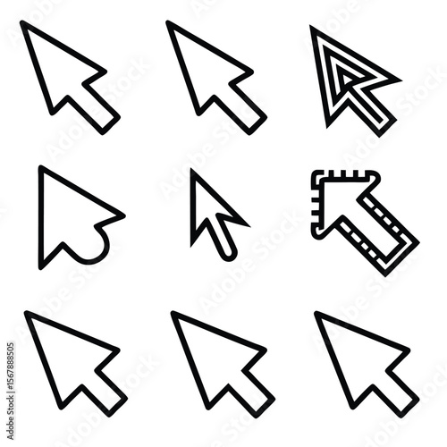 Nine Black Cursor Icons Set White Background Various Styles Arrow Shapes Digital Interface Elements