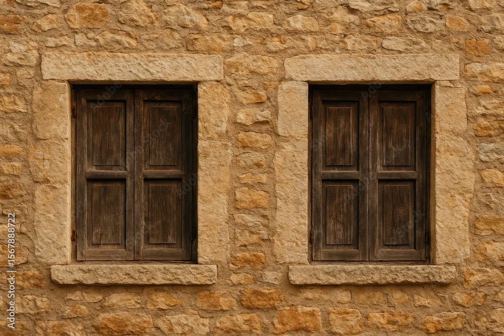 Fototapeta premium Close-up of a weathered building facade featuring vintage windows in a historic rustic home