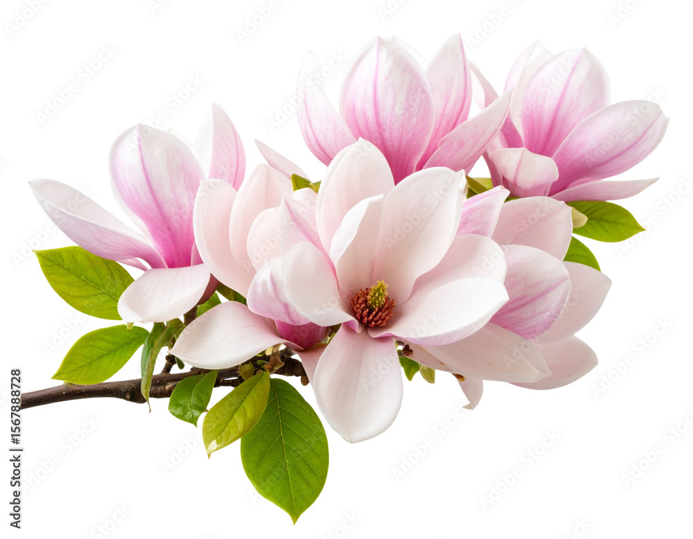 Fototapeta premium Pink Magnolia Branch Positioned in Top Right Corner Isolated on Transparent Background PNG