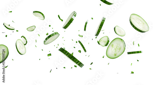 flying slices of cucumber isolated on white background