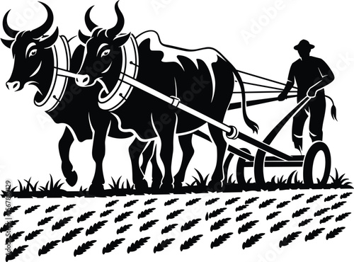 Silhouette illustration of traditional farmer plowing soil with oxen, rural agriculture, farmland cultivation, countryside farming, livestock working vector design