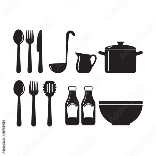 Black and White Kitchen Utensil Icons Set Spoons Forks Knife Ladle Creamer Pot Spatula Bottles Bowl