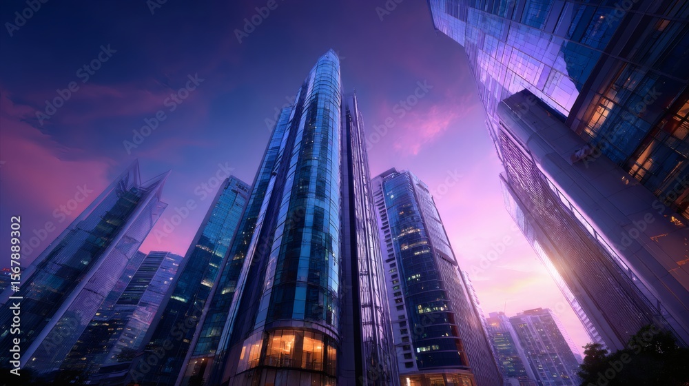 Obraz premium Low-angle view of modern glass towers in a bustling city, sunset casting violet and blue reflections on buildings, high contrast lighting, cinematic tones, sharp reflections on surfaces 