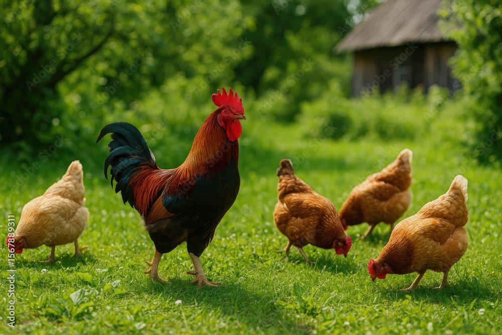 Fototapeta premium Garden chickens foraging for food