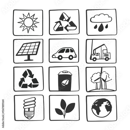 Twelve Black and White Eco Icons Grid Renewable Energy Recycling Environmentally Friendly Symbols