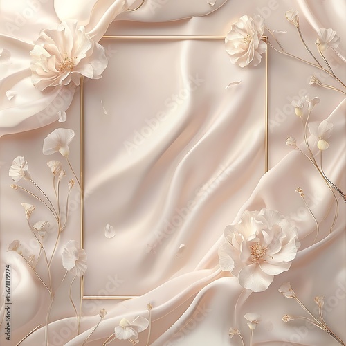Elegant light peach silk fabric background with gold frame and flowers