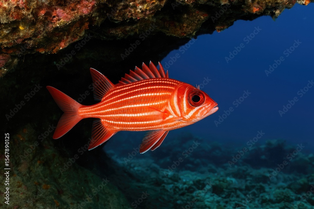Fototapeta premium Marine Cave Habitat of Crown Squirrelfish (Sargocentron diadema) in a Tropical Coral Reef Reserve