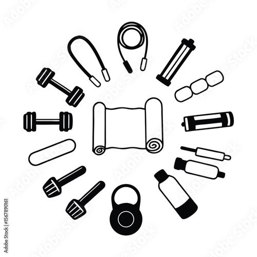 Black and White Fitness Equipment Icons Circle Yoga Mat Dumbbells Jump Rope Kettlebell Water Bottle