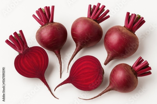 Cut whole beets on a white background showcasing taproot vegetables