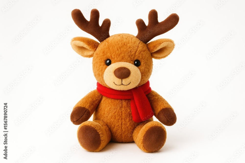 Fototapeta premium Gentle plush deer toy for children on a plain white backdrop