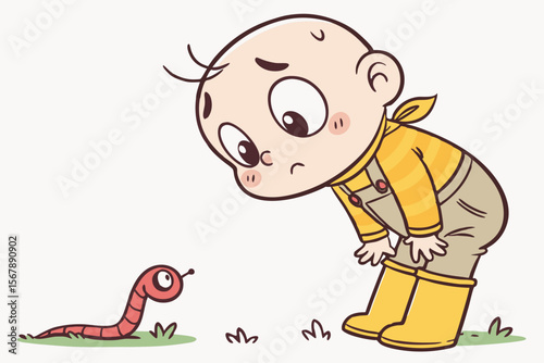 Vector cute Baby Boy cartoon character, with a curious tilt of the head and a small frown, wearing a yellow rain boot and looking at a worm, in an inquisitive, cute style, isolated on white background