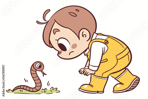 Vector cute Baby Boy cartoon character, with a curious tilt of the head and a small frown, wearing a yellow rain boot and looking at a worm, in an inquisitive, cute style, isolated on white background