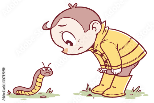 Vector cute Baby Boy cartoon character, with a curious tilt of the head and a small frown, wearing a yellow rain boot and looking at a worm, in an inquisitive, cute style, isolated on white background