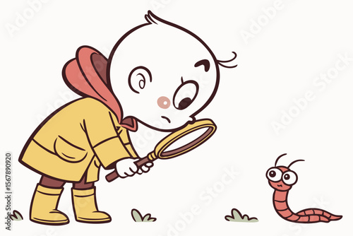 Vector cute Baby Boy cartoon character, with a curious tilt of the head and a small frown, wearing a yellow rain boot and looking at a worm, in an inquisitive, cute style, isolated on white background