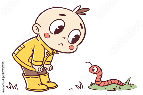 Vector cute Baby Boy cartoon character, with a curious tilt of the head and a small frown, wearing a yellow rain boot and looking at a worm, in an inquisitive, cute style, isolated on white background
