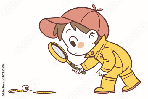 Vector cute Baby Boy cartoon character, with a curious tilt of the head and a small frown, wearing a yellow rain boot and looking at a worm, in an inquisitive, cute style, isolated on white background