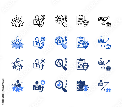 Succession management icon sheet multiple style collection. Talent, High potential, Competency, Development plan, Career path.