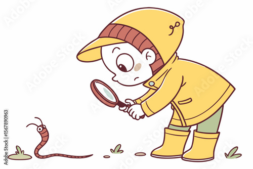 Vector cute Baby Boy cartoon character, with a curious tilt of the head and a small frown, wearing a yellow rain boot and looking at a worm, in an inquisitive, cute style, isolated on white background