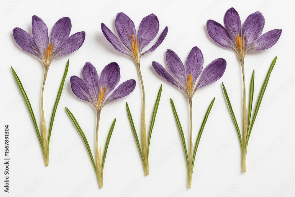 Naklejka premium Purple crocus blossoms dried and displayed on a plain white surface