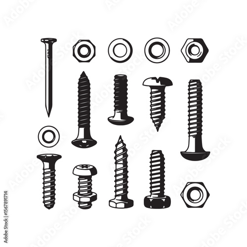 Black and White Line Art Illustration of Assorted Screws Bolts Nuts and Nails Hardware Fastener Collection