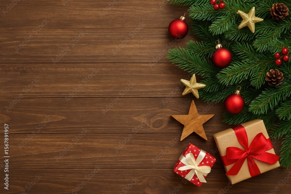 Obraz premium Festive holiday scene featuring a decorated Christmas tree and ornaments on a rustic wooden surface