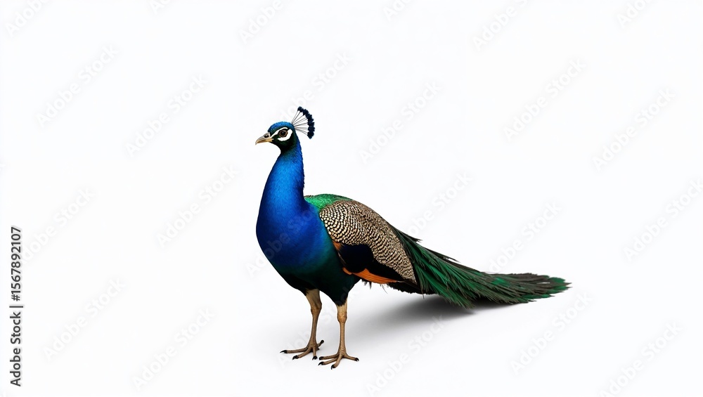 Fototapeta premium A bright and proud peacock with its tail lowered on a white background