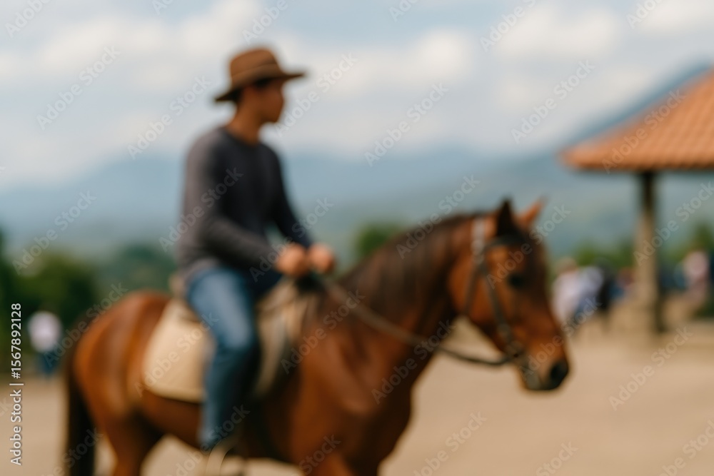 Fototapeta premium Blurry abstract backdrop featuring a person on horseback at a popular sightseeing location
