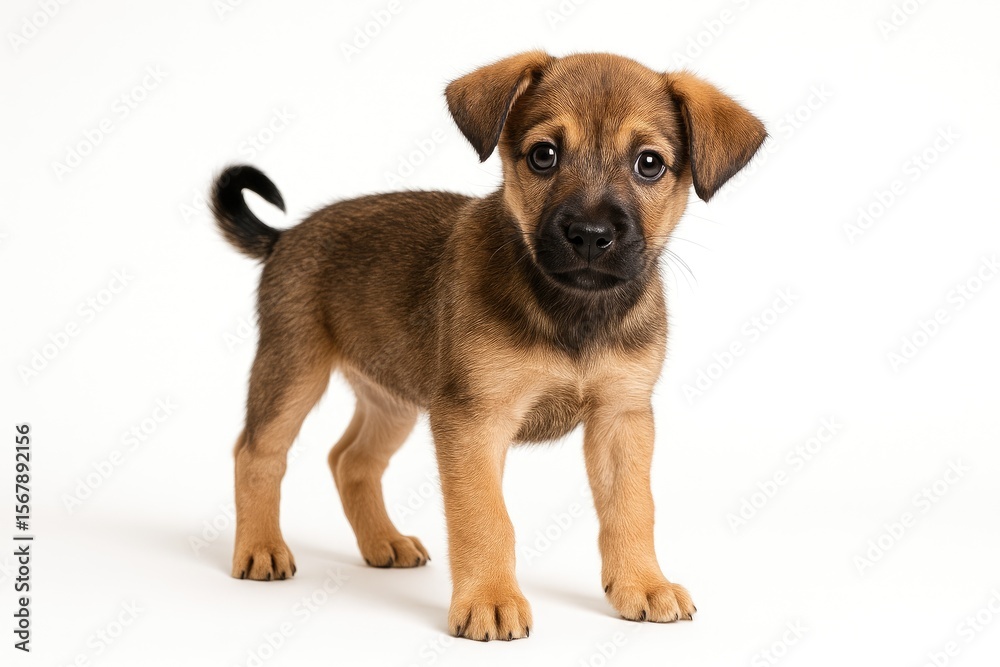 Adorable mixed-breed puppy gazing inquisitively on a plain white backdrop Adorable mixed-breed puppy gazing inquisitively on a plain white backdrop