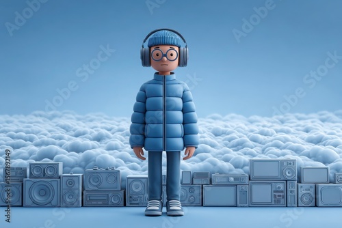 Cool character with headphones in cloud scenery.
