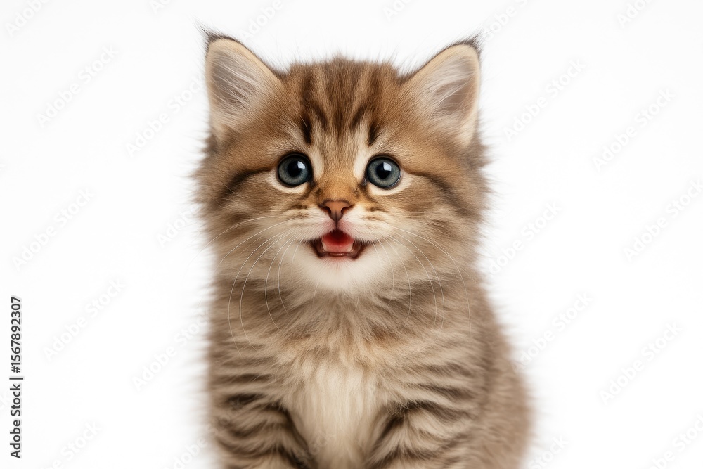 Obraz premium Adorable fuzzy kitten against a plain white backdrop with a touch of magic