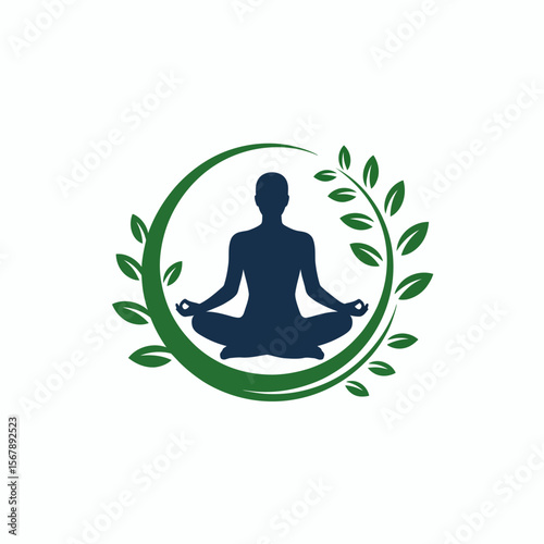 Yoga & Meditation Logo: Silhouette of person in lotus position encircled by foliage. Representing wellness, harmony, and mindfulness.