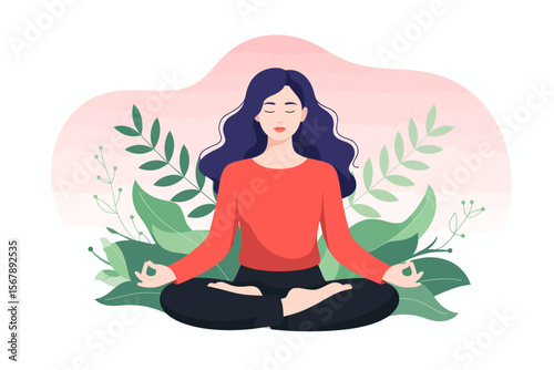 Peaceful Meditation: Serene woman in lotus pose amidst lush greenery, embodying tranquility and inner peace.